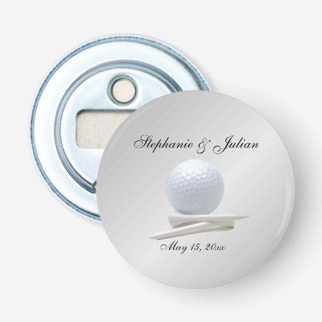 Décapsuleur Thème de golf Mariage Noms d'argent et Daté (Devant)