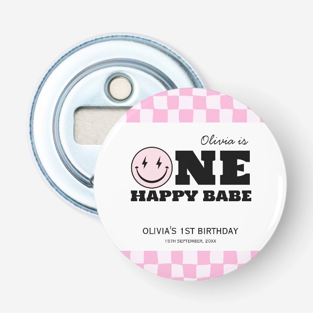 Décapsuleur Un bon bébé rose À damiers anniversaire (Devant)