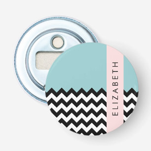 Décapsuleur Zigzag noir et blanc, Chevron, Bleu, Votre nom