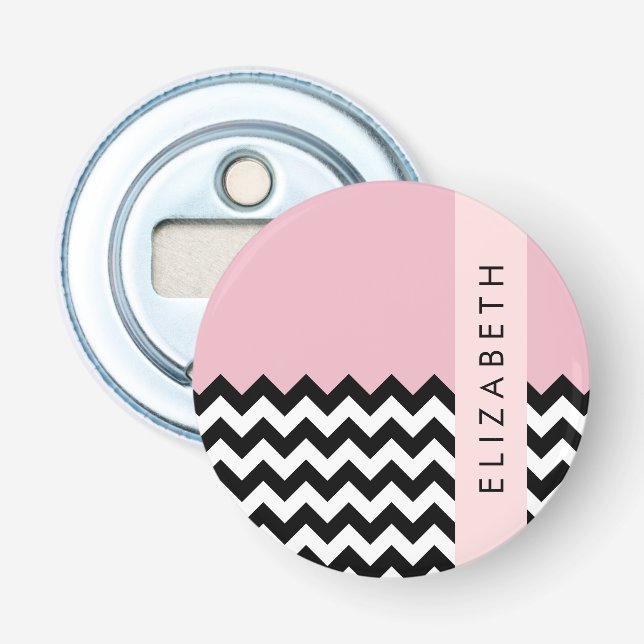 Décapsuleur Zigzag noir et blanc, Chevron, rose, Votre nom (Devant)