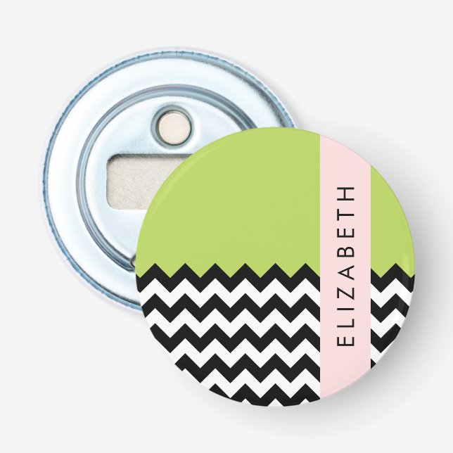 Décapsuleur Zigzag noir et blanc, Chevron, Vert, Votre nom (Devant)