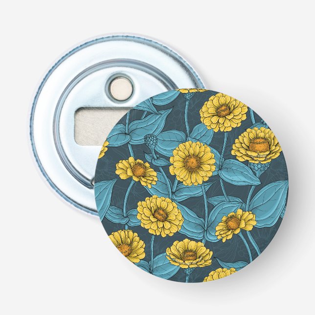 Décapsuleur Zinnias jaune sur bleu foncé (Devant)