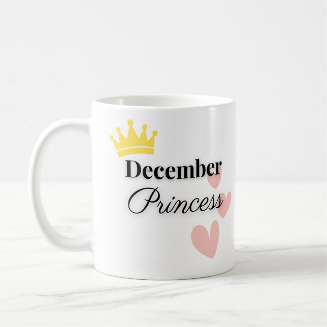 December Princess Mug – Gold Crown & Hearts Design (Gauche)