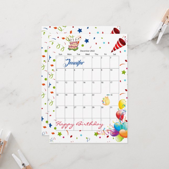 Décembre 2022 Calendrier Bonne Invitation Annivers (Devant/Arrière en situation)