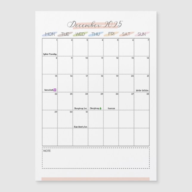 Décembre 2025 Calendrier magnétique (Devant)