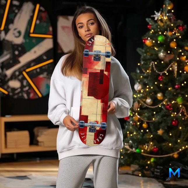 Deck de skateboard géométrique rouge et beige abst (Créateur téléchargé)