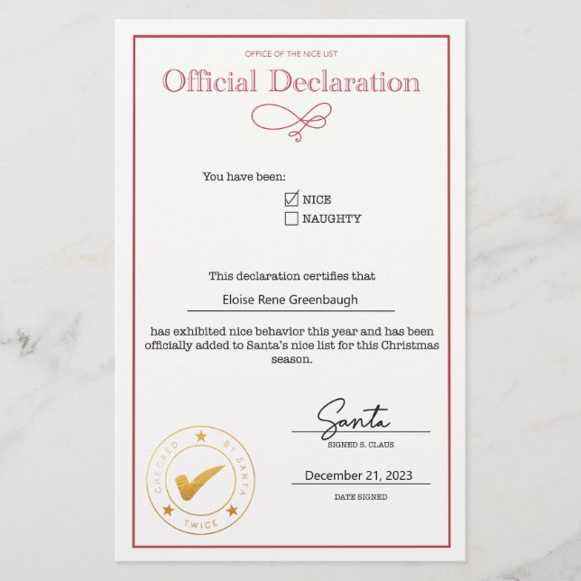 Déclaration de Nice père Noël modifiable (Devant)