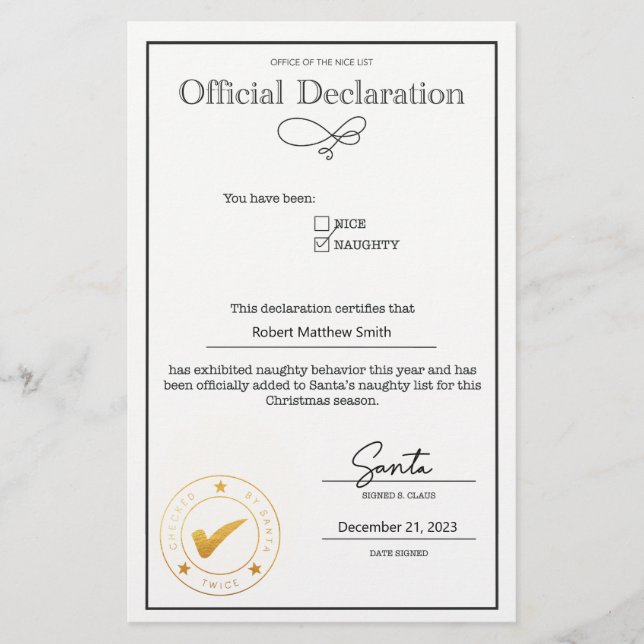Déclaration père Noël Naughty List modifiable (Devant)