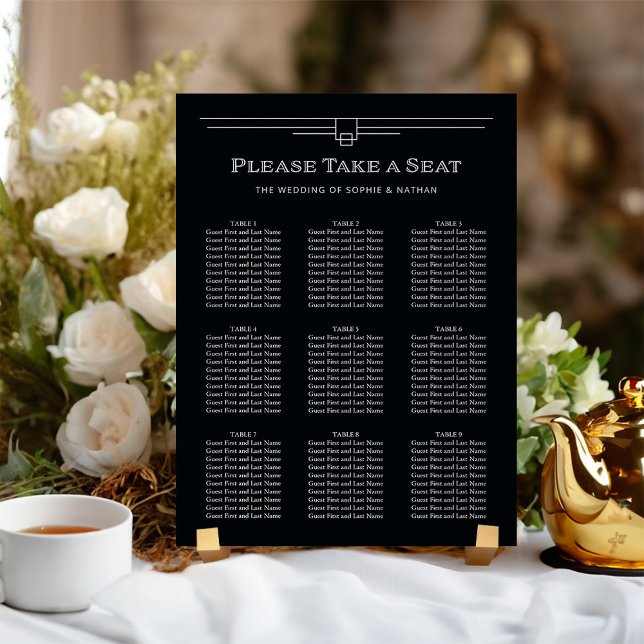 Déco moderne | Onyx Tableau de sièges noir et blan (A dark onyx black and white wedding seating chart with elegant art deco style)