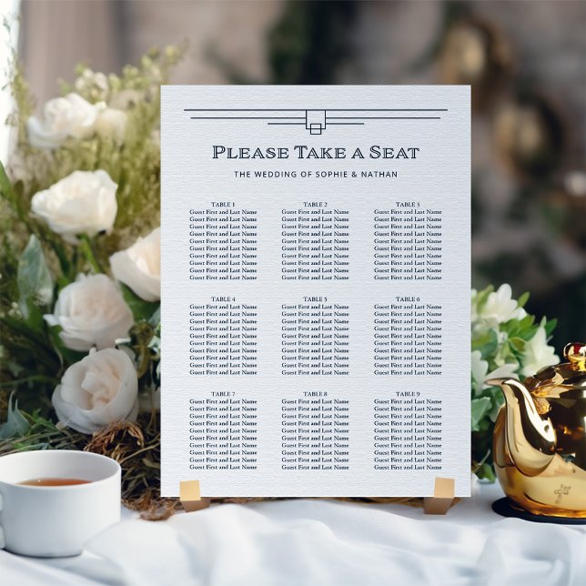Déco moderne | Tableau de sièges noir et blanc (An elegant, black and white art deco style wedding seating chart)