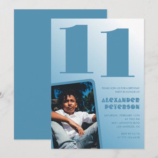 Décor bleu 11e anniversaire invitations Boy Photo (Devant / Derrière)