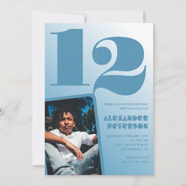Décor bleu 12e anniversaire invitations Boy Photo (Devant)