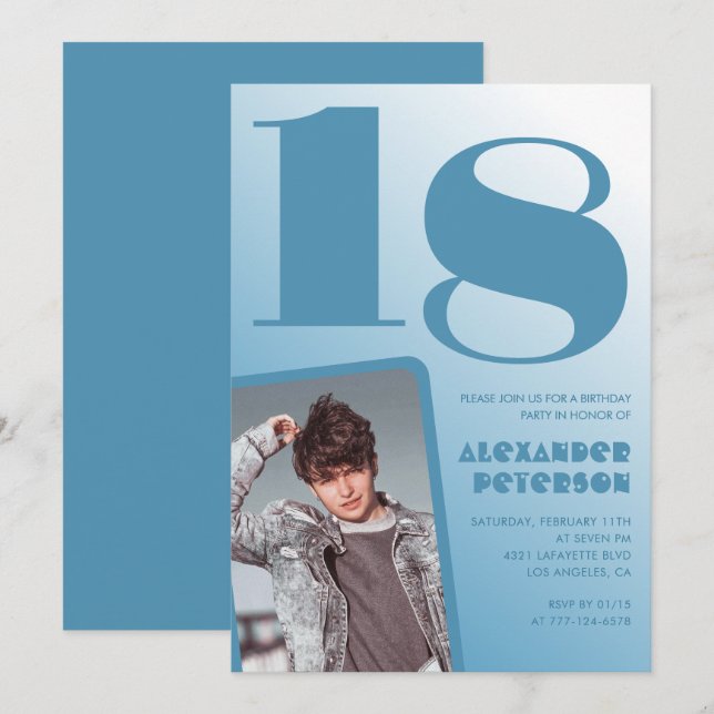 Décor bleu 18e anniversaire invitations Boy Photo (Devant / Derrière)