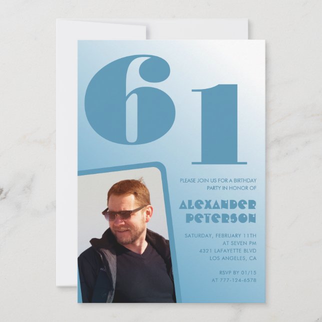 Décor bleu 61e anniversaire invitations Hommes Pho (Devant)