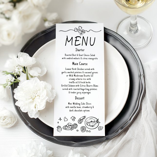 Décor Fantaisiste Funky Menu de Mariage Manuscrit (Whimsical Hand-drawn Wedding Menu Card)