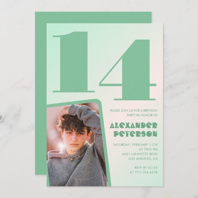 Décor vert Invitations à 14e anniversaire Boy Phot (Devant / Derrière)