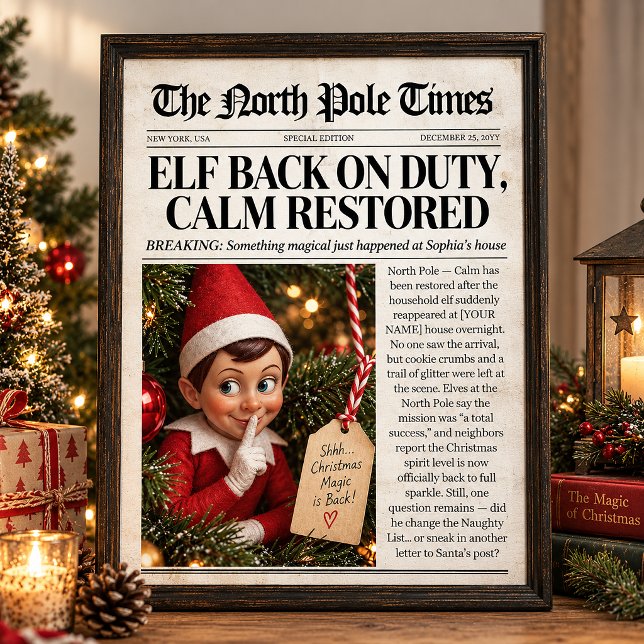 Décoration de journal de Noël Elf de retour au tra (Custom Elf Back on Duty Newspaper Decor, Christmas Poster)