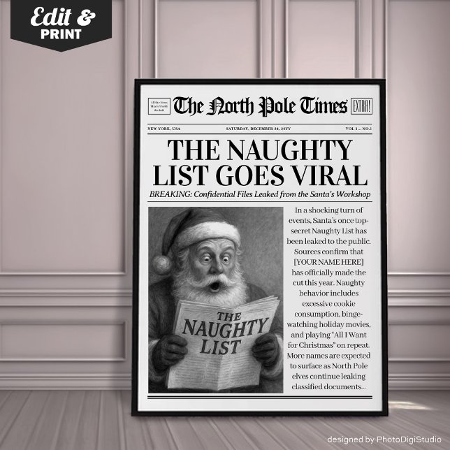 Décoration de journal de Noël personnalisée, Noël  (Custom Christmas Newspaper Decor, Funny Christmas Poster, The Naughty List Goes Viral)