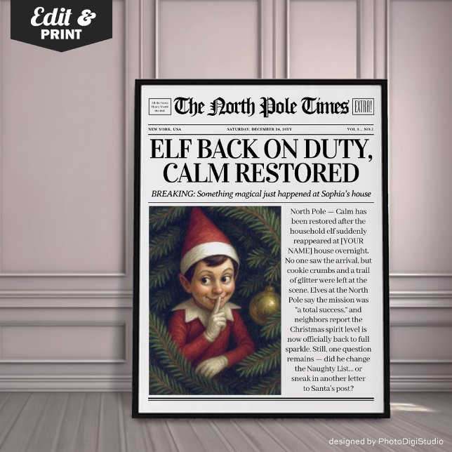 Décoration de journal Elf de retour en service per (Custom Elf Back on Duty Newspaper Decor, Christmas Poster)