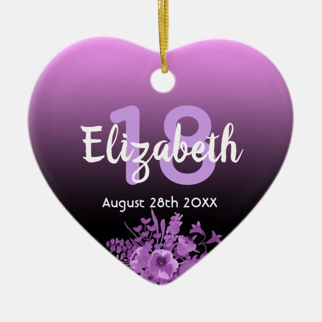 Décoration En Céramique 18th birthday purple black floral name (Devant)