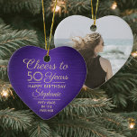 Décoration En Céramique 1 Photo N'IMPORTE QUEL Anniversaire Brossé Purple<br><div class="desc">Bonjour et Joyeux anniversaire ! Célébrez un joyeux anniversaire d'étape avec un ornement en céramique violet et or en forme de coeur photo personnalisé. Tout le libellé de ce modèle (y compris "Cheers to 50 Years") est mis en place pour un 50ème anniversaire, mais est simple à personnaliser pour n'importe...</div>