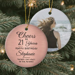 Décoration En Céramique 1 Photo N'IMPORTE QUEL Anniversaire Brossé Rose Ro<br><div class="desc">Bonjour et Joyeux anniversaire ! Célébrez un joyeux anniversaire d'étape pour elle avec un ornement photo rose et noir ronde en céramique. Tout le libellé de ce modèle (y compris "Cheers to 21 Years") est mis en place pour un 21ème anniversaire, mais est simple à personnaliser pour n'importe quelle année...</div>