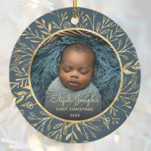 Décoration En Céramique 1er Noël de bébé Photo Feuille d'or Rond Sarcelle