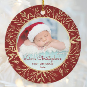 Décoration En Céramique 1er Noël de bébé Photo Feuille d'or Rouge Rond
