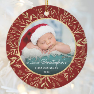 Décoration En Céramique 1er Noël de bébé Photo Feuille d'or Rouge Rond