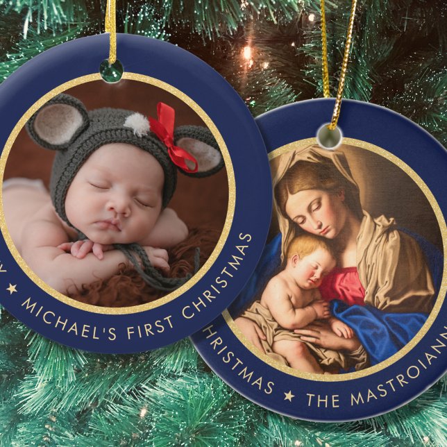Décoration En Céramique 1er Noël de Madonna et bébé religieuse (Religious Baby's 1st Christmas in navy blue and gold with Madonna and Child)