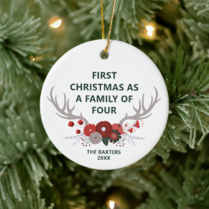 Décoration En Céramique 1er Noël en famille de 4 Antlers personnalisés