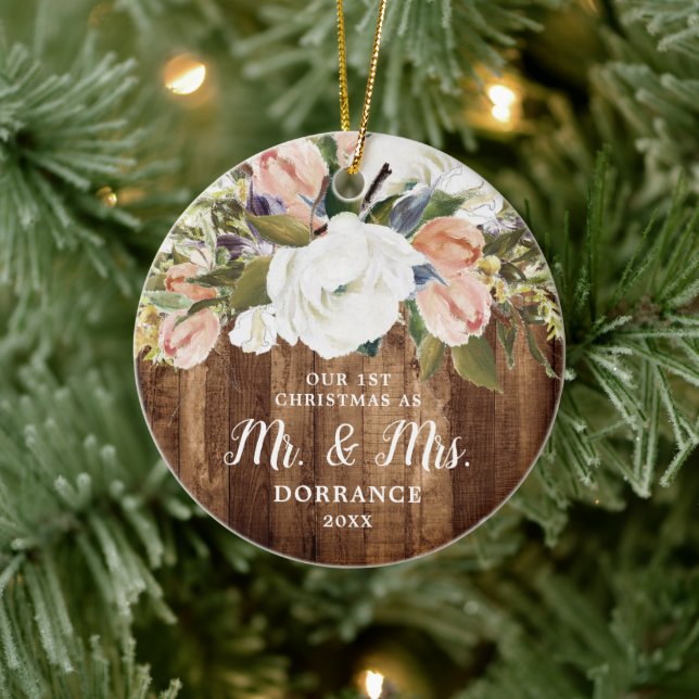 Décoration En Céramique 1er Noël en tant que Mr & Mrs Personnalisé Rustic  (Arbre)