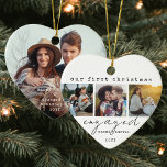 Décoration En Céramique 1er Noël Engagé Minimal Unique 4 Coeur photo<br><div class="desc">Célébrez le 1er jour férié de votre fiançailles avec un collage photo personnalisé 4 "Notre premier Noël engagé" ornement en céramique en forme de coeur. Toutes les formulations et les images de ce modèle sont simples à personnaliser. (CONSEIL EN MATIÈRE DE PLACEMENT D'IMAGE : Une façon simple de positionner une...</div>