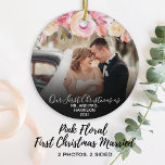 Décoration En Céramique 1er Noël Marié Mr & Mrs Photo Pink Floral<br><div class="desc">Customisez ce premier Noël élégant en couple marié ornement de Noël avec deux de vos propres photos de mariage ou de marié(e) placé sur un arrière - plan bleu marine avec or rose, corail et fleurs roses. Inclut la déclaration "Notre premier Noël en tant que Monsieur et Madame", vos noms...</div>