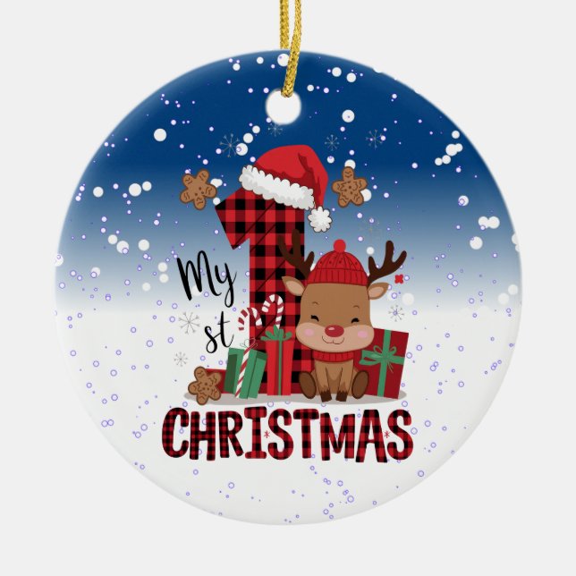 Décoration En Céramique 1er Noël Santa Hat White Neige Bébé Reindeer (Devant)