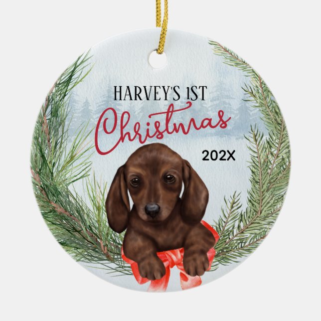 Décoration En Céramique 1er Noël Wreath Chocolat Brown Dachshund Pup (Devant)