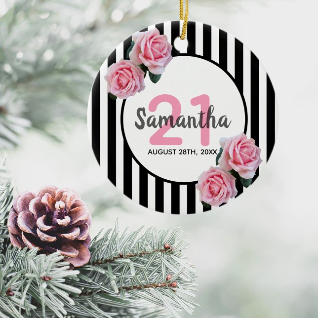 Décoration En Céramique 21e anniversaire rose roses noir blanc rayures (Créateur téléchargé)