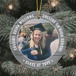 Décoration En Céramique 2 Graduation Photo Rustic Farmhouse Grey Faux Wood<br><div class="desc">Commémorez la réussite du diplômé avec un élégant faux bois gris et une coutume blanche deux photos ronde de la remise des diplômes ornement de Noël. Les images et tout le texte sont simples à customiser et peuvent être différents à l'avant et à l'arrière. (AVIS DE CONCEPTION D'IMAGE ET DE...</div>