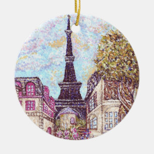 Décoration En Céramique 2 Paris Inspired Cityscapes W/Eiffel Tower Rnd Orn