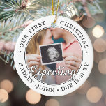 Décoration En Céramique 2 Photo 1er Noël Attente Baby Nouveaux Parents Mod<br><div class="desc">Célébrez le précieux cadeau de votre nouveau membre de la famille avec un élégant ornement en céramique ronde deux photos. Le design neutre est adapté pour un nouveau bébé garçon ou une nouvelle fille. L'écriture et les images sur ce modèle sont simples à personnaliser, et peuvent être différentes ou identiques...</div>