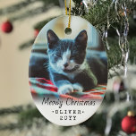 Décoration En Céramique 2 Photo Any Text Meowy Christmas Cat Simple White<br><div class="desc">Celebrate the simple joys of your furry family member with a custom 2 photo oval ceramic ornament. Text and kitten pictures on this template are simple to personalize and can be different or the same on front and back. If preferred, change "Meowy Christmas" to any message you choose. Ornament can...</div>
