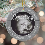 Décoration En Céramique 2 Photo Baby Ultrasound Nouveaux Parents Faux Grey<br><div class="desc">Célébrez le précieux cadeau de votre nouveau membre de la famille avec un élégant ornement en céramique ronde deux photos. Le design neutre est adapté pour un nouveau bébé garçon ou une nouvelle fille. L'écriture et les images sur ce modèle sont simples à personnaliser, et peuvent être différentes ou identiques...</div>
