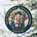 Décoration En Céramique 2 Photo Graduation Elegant Navy Blue Gold Yellow<br><div class="desc">Commemorate the graduate's achievement with an elegant blue and gold custom two photo round graduation Christmas ornament. Pictures and all text are simple to customize and can be different on front and back. (IMAGE & TEXT DESIGN TIPS: 1) To adjust position of wording, add spaces at beginning or end. 2)...</div>