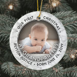 Décoration En Céramique 2 Photo Grandparents First Christmas Faux Marble<br><div class="desc">Celebrate the precious gift of your newest family member with a custom 2 photo "Our First Christmas as Grandparents" faux marble round ceramic ornament. Gender neutral design is suitable for a new baby boy or girl grandchild. Picture and all text on this template are simple to personalize. (IMAGE & TEXT...</div>