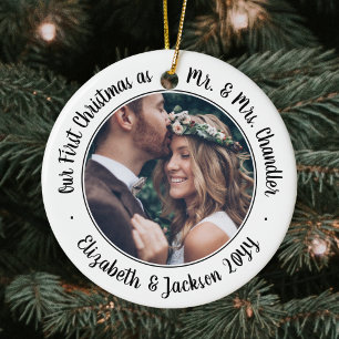 Décoration En Céramique 2 Photo Mr & Mrs 1st Christmas Script Black White