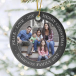 Décoration En Céramique 2 Photo Peace Love Joy Merry Xmas Faux Chalkboard<br><div class="desc">Celebrate the simple joys of the holidays with a custom two photo faux chalkboard round ceramic ornament. All text and pictures on this template are simple to personalize and can be different or the same on front and back. If preferred, change "Peace Love Joy Merry Christmas" to any quote or...</div>