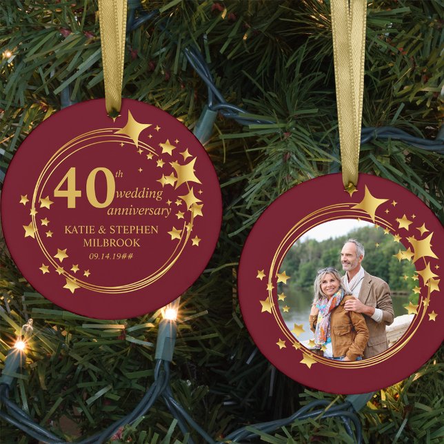 Décoration En Céramique 40e anniversaire de Ruby Mariage photo Gold Stars (40th Wedding Anniversary keepsake ornament with photo)