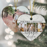 Décoration En Céramique 4 Photo First Christmas Engagé Faux Marble Heart<br><div class="desc">Célébrez le 1er jour férié de votre fiançailles avec un collage photo en forme de coeur personnalisé "Our Christmas First Engaged" faux marbre céramique ornement. Tous les textes et images de ce modèle sont simples à personnaliser. (CONSEIL EN MATIÈRE DE PLACEMENT D'IMAGE : Une façon simple de centrer une photo...</div>