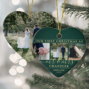Décoration En Céramique 4 Photo Mr & Mrs 1st Christmas Green & Gold Heart