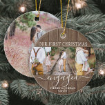Décoration En Céramique 4 Photo Premiers Noël Engagé Rustique Faux Bois ro<br><div class="desc">Célébrez le 1er jour férié joyeux de votre fiançailles avec une photo personnalisée 4 "Notre premier Noël Engagé" ornement rond en faux bois céramique. Toutes les formulations et images de ce modèle sont simples à personnaliser. (CONSEIL EN MATIÈRE DE PLACEMENT D'IMAGE : Une façon simple de centrer une photo exactement...</div>